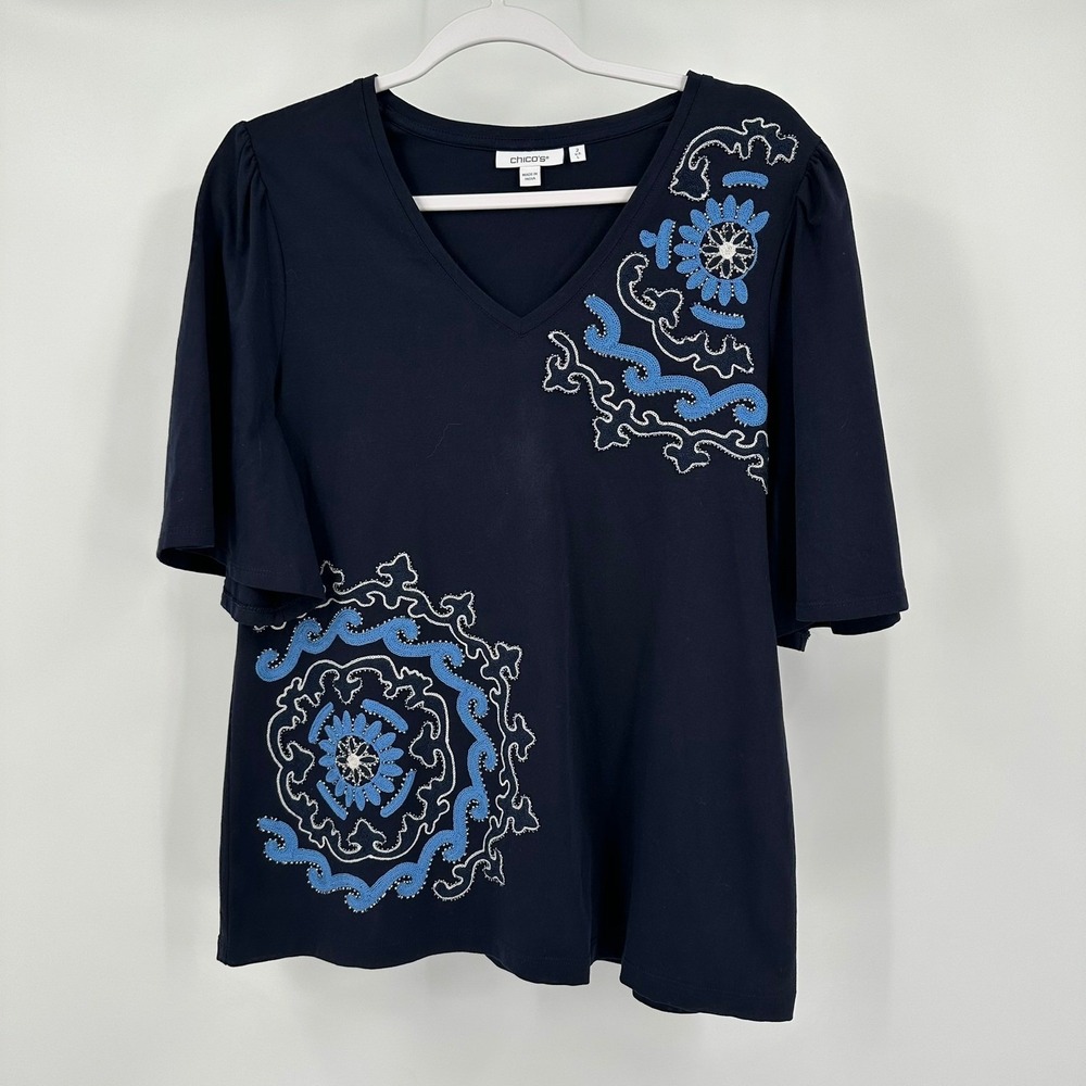 Chicos Womens Boho Embroidered Tunic Top Size 2 US L Navy Floral Medallion Artsy